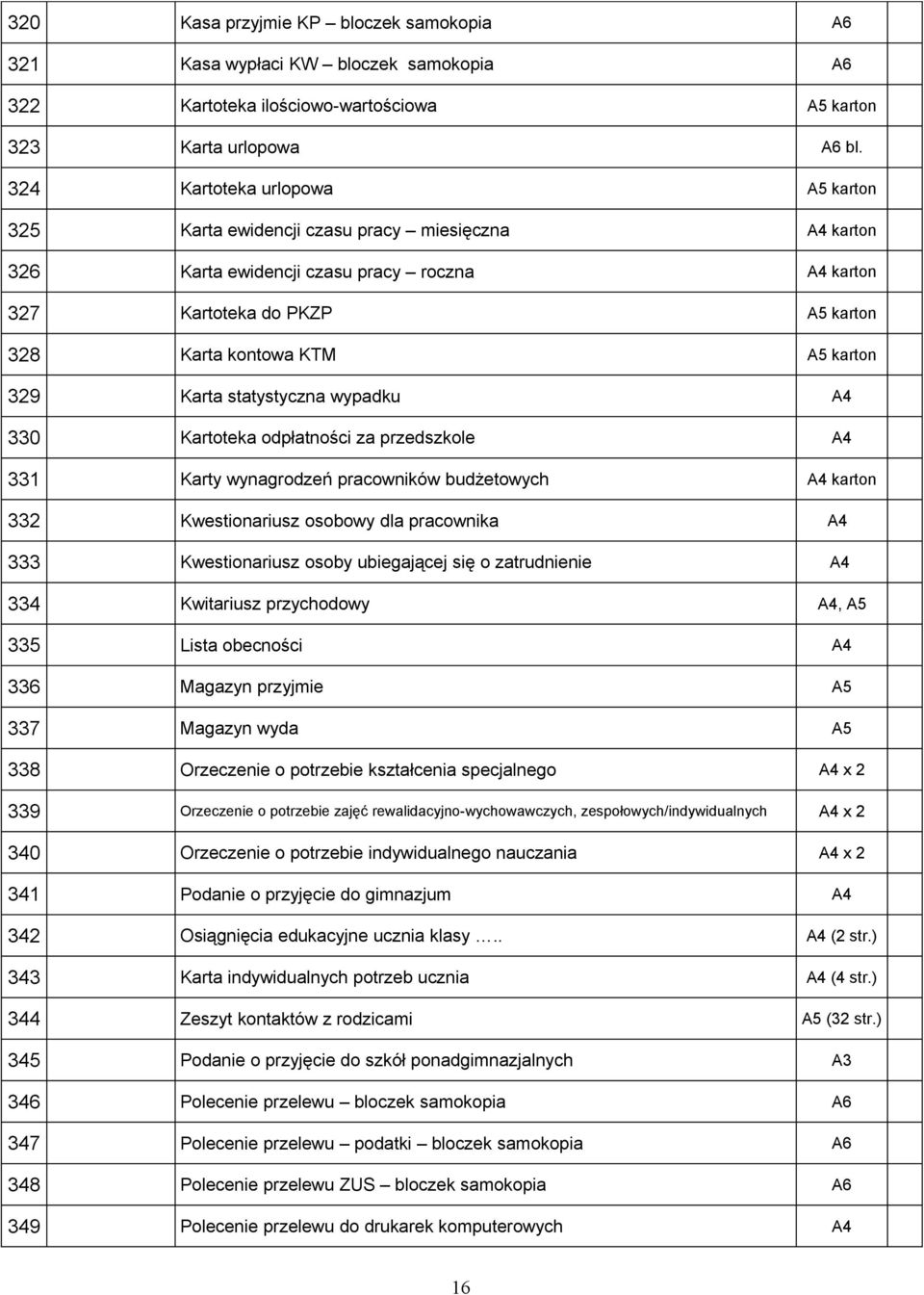 329 Karta statystyczna wypadku A4 330 Kartoteka odpłatności za przedszkole A4 331 Karty wynagrodzeń pracowników budżetowych A4 karton 332 Kwestionariusz osobowy dla pracownika A4 333 Kwestionariusz
