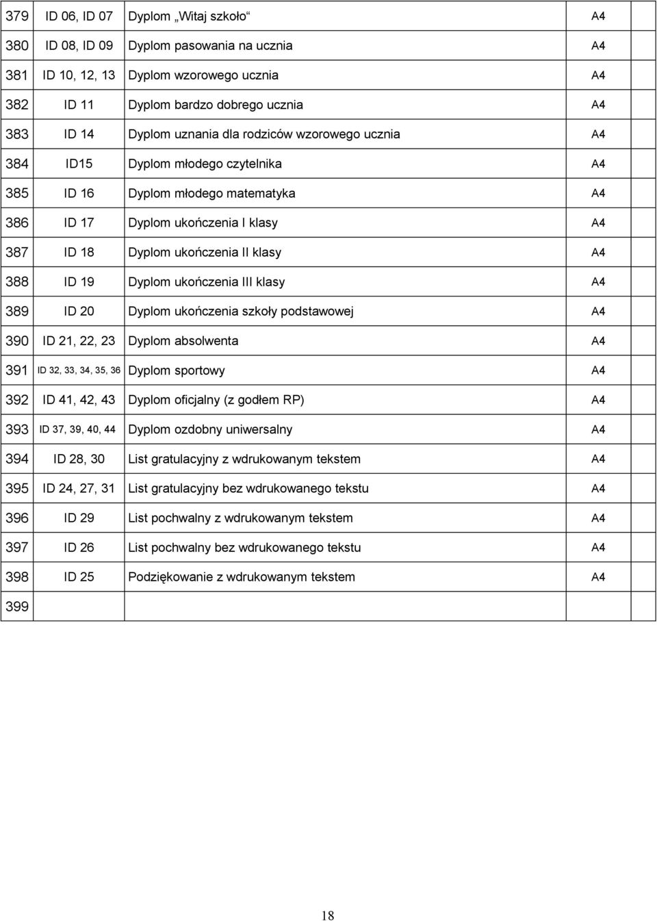 Dyplom ukończenia III klasy A4 389 ID 20 Dyplom ukończenia szkoły podstawowej A4 390 ID 21, 22, 23 Dyplom absolwenta A4 391 ID 32, 33, 34, 35, 36 Dyplom sportowy A4 392 ID 41, 42, 43 Dyplom oficjalny