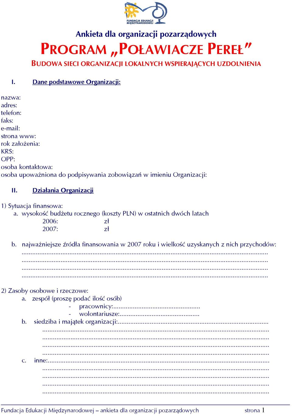 Działania Organizacji 1) Sytuacja finansowa: a. wysokość budżetu rocznego (koszty PLN) w ostatnich dwóch latach 2006: zł 2007: zł b.