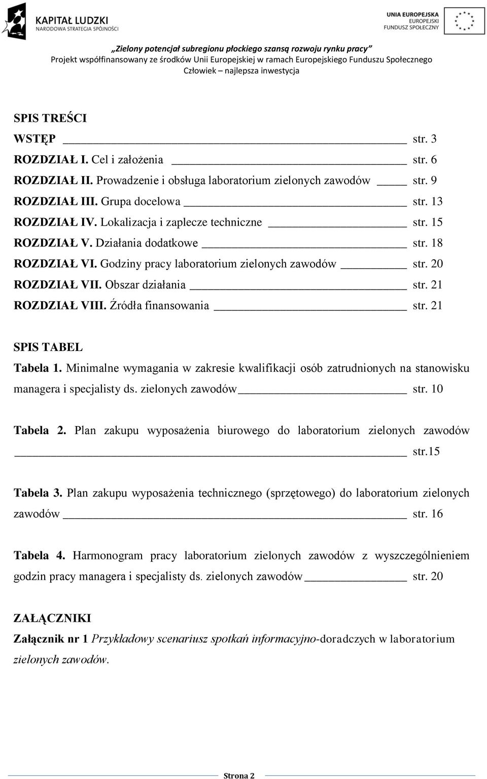 21 ROZDZIAŁ VIII. Źródła finansowania str. 21 SPIS TABEL Tabela 1. Minimalne wymagania w zakresie kwalifikacji osób zatrudnionych na stanowisku managera i specjalisty ds. zielonych zawodów str.