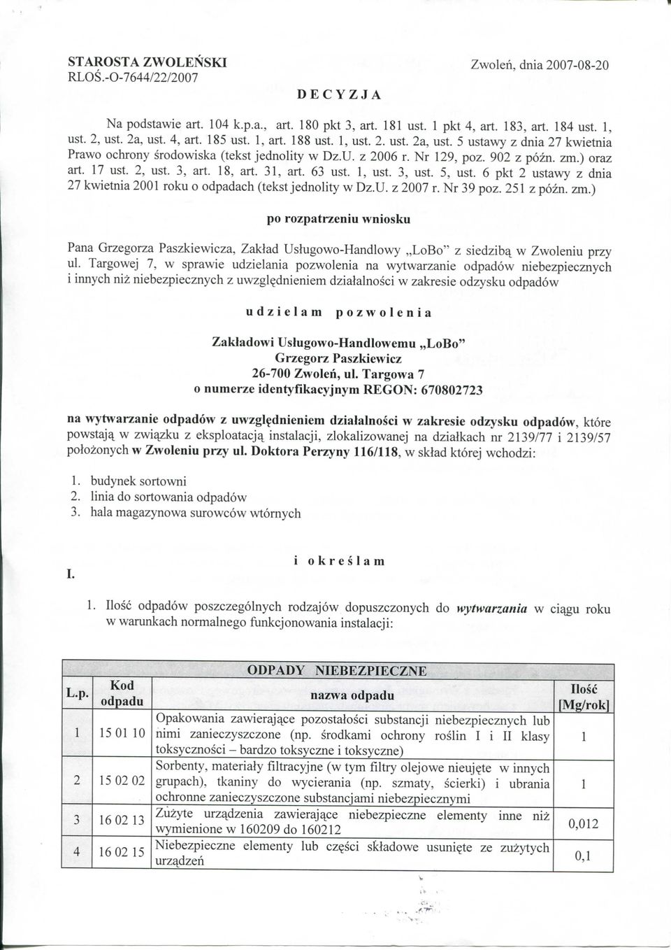 3, art. 63 ust., ust. 3, ust. 5, ust. 6 pkt 2 ustawy z dnia 27 kwietnia 200 roku o odpadach (tekst jednolity w Dz.U. z 2007 r. Nr 39 poz. 25 z pozn. zm.