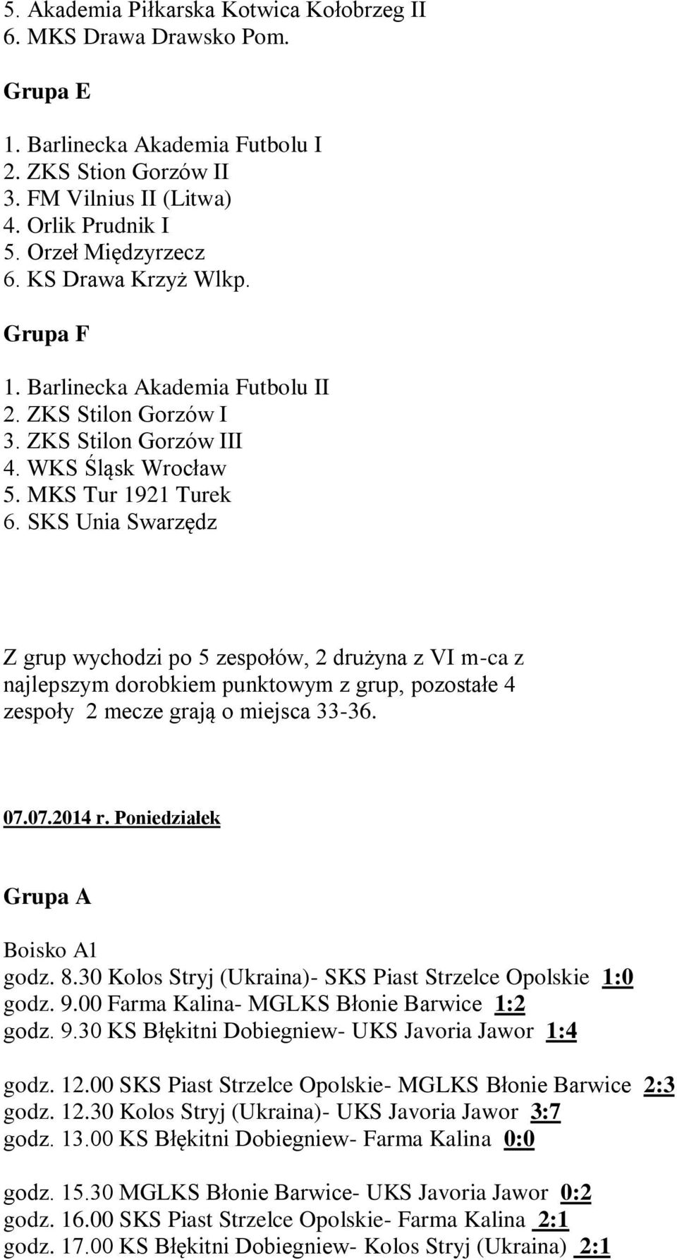 SKS Unia Swarzędz Z grup wychodzi po 5 zespołów, 2 drużyna z VI m-ca z najlepszym dorobkiem punktowym z grup, pozostałe 4 zespoły 2 mecze grają o miejsca 33-36. 07.07.2014 r.