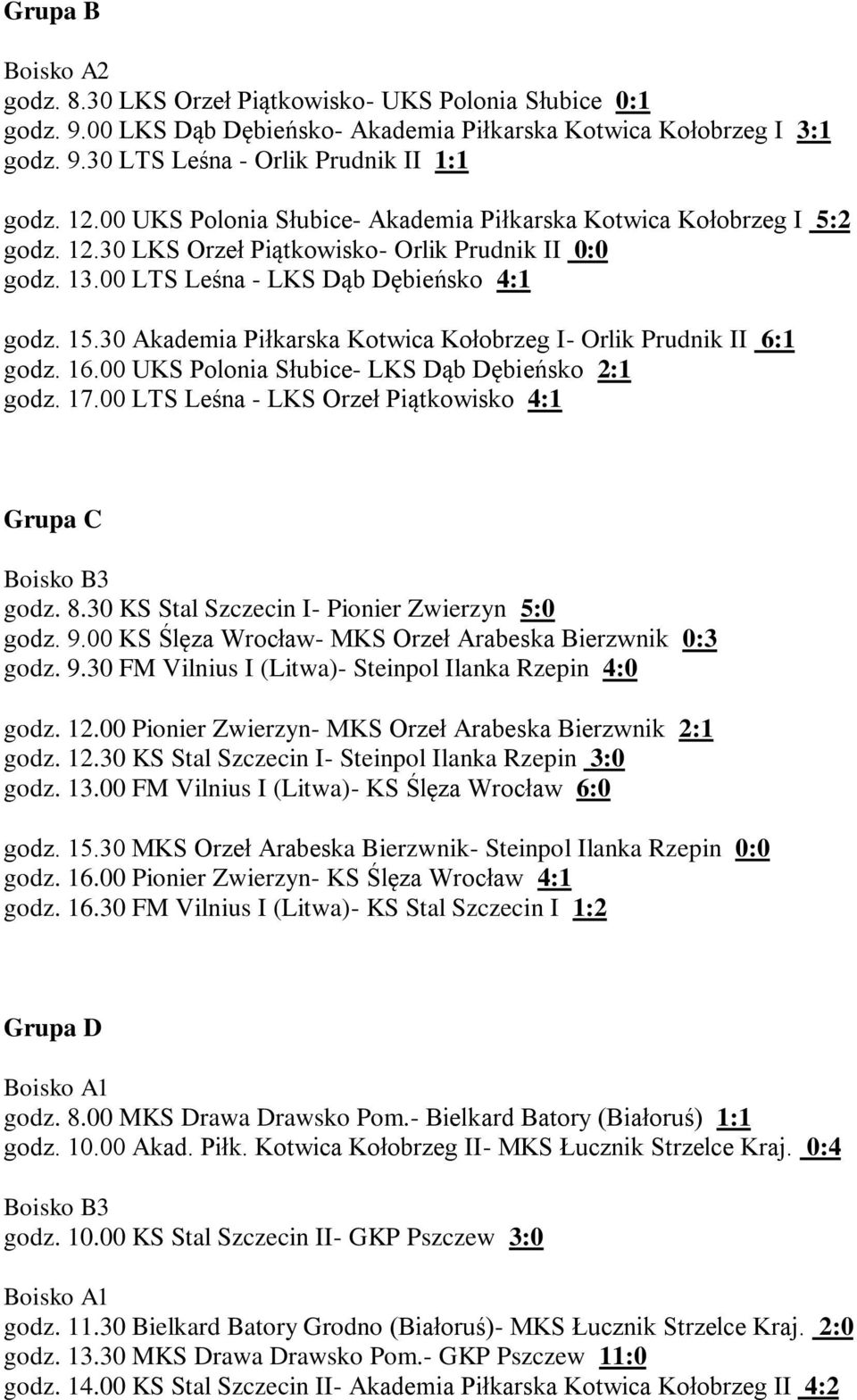 30 Akademia Piłkarska Kotwica Kołobrzeg I- Orlik Prudnik II 6:1 godz. 16.00 UKS Polonia Słubice- LKS Dąb Dębieńsko 2:1 godz. 17.00 LTS Leśna - LKS Orzeł Piątkowisko 4:1 Grupa C godz. 8.