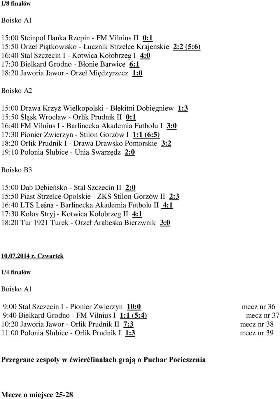 Akademia Futbolu I 3:0 17:30 Pionier Zwierzyn - Stilon Gorzów I 1:1 (6:5) 18:20 Orlik Prudnik I - Drawa Drawsko Pomorskie 3:2 19:10 Polonia Słubice - Unia Swarzędz 2:0 15:00 Dąb Dębieńsko - Stal