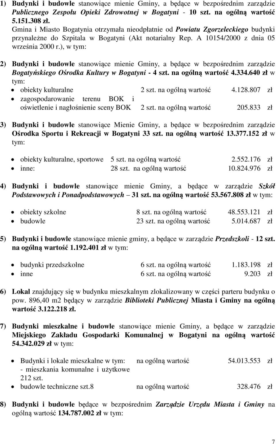 ), w tym: 2) Budynki i budowle stanowiące mienie Gminy, a będące w bezpośrednim zarządzie Bogatyńskiego Ośrodka Kultury w Bogatyni - 4 szt. na ogólną wartość 4.334.