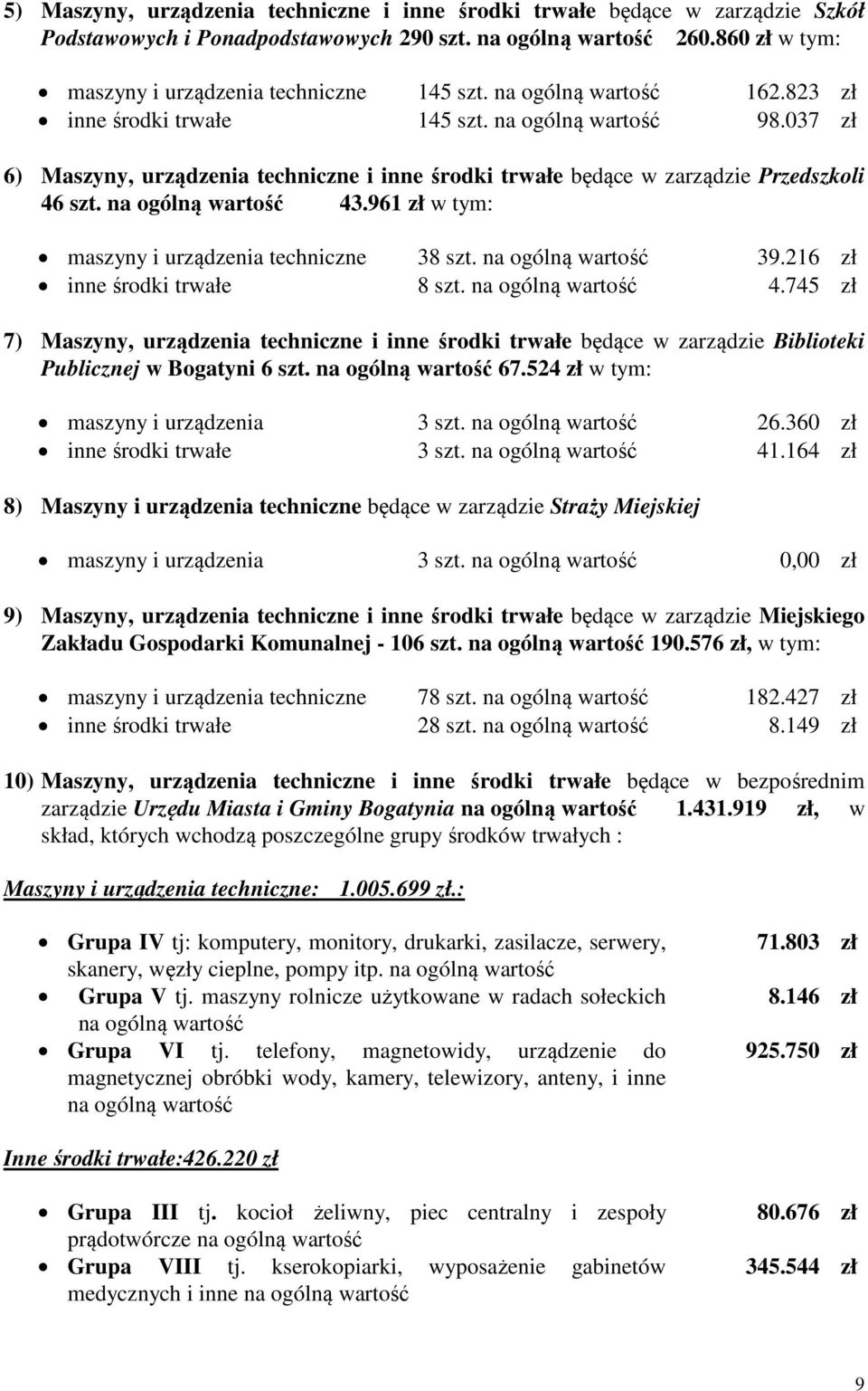 961 zł w tym: maszyny i urządzenia techniczne 38 szt. na ogólną wartość 39.216 zł inne środki trwałe 8 szt. na ogólną wartość 4.