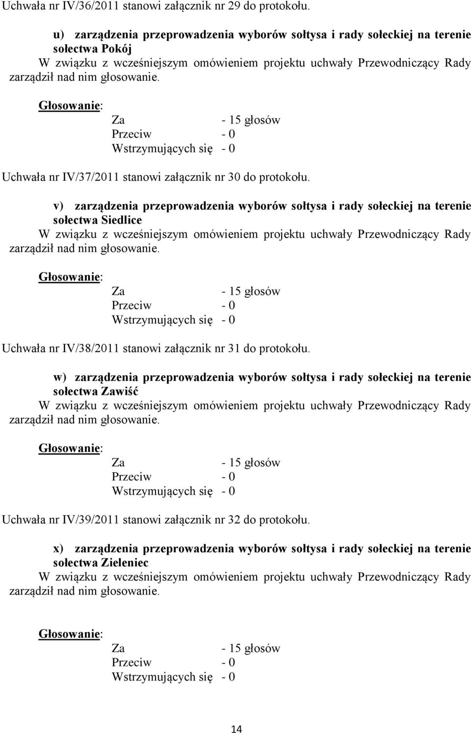 v) zarządzenia przeprowadzenia wyborów sołtysa i rady sołeckiej na terenie sołectwa Siedlice Uchwała nr IV/38/2011 stanowi załącznik nr 31 do protokołu.