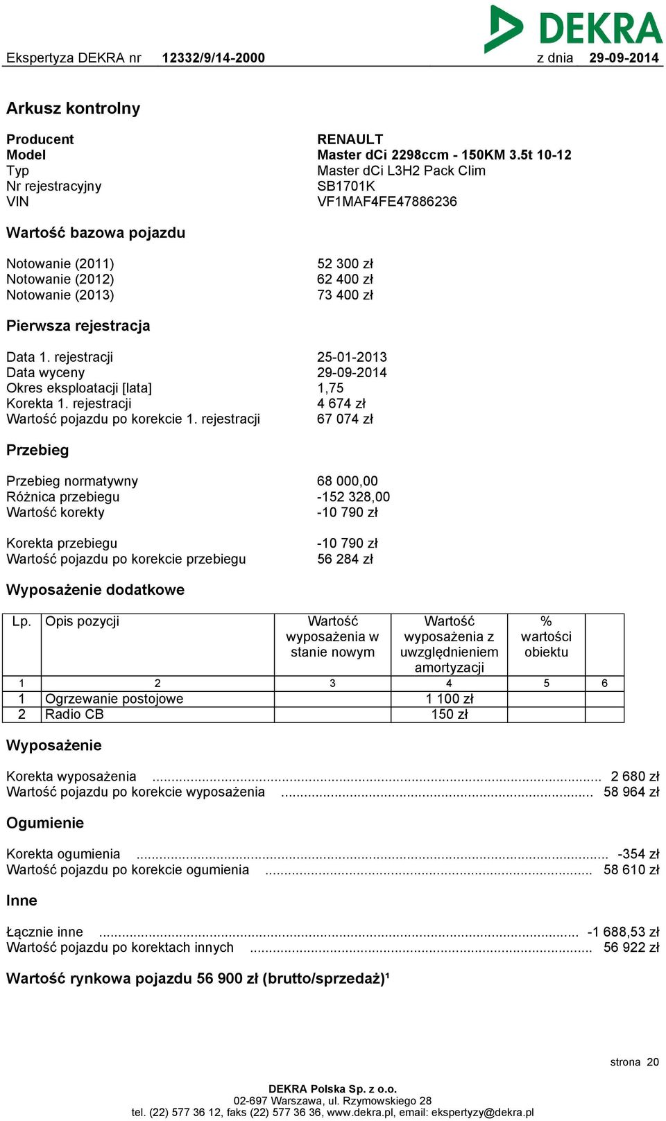 rejestracji Data wyceny Okres eksploatacji [lata] Korekta 1. rejestracji Wartość pojazdu po korekcie 1.