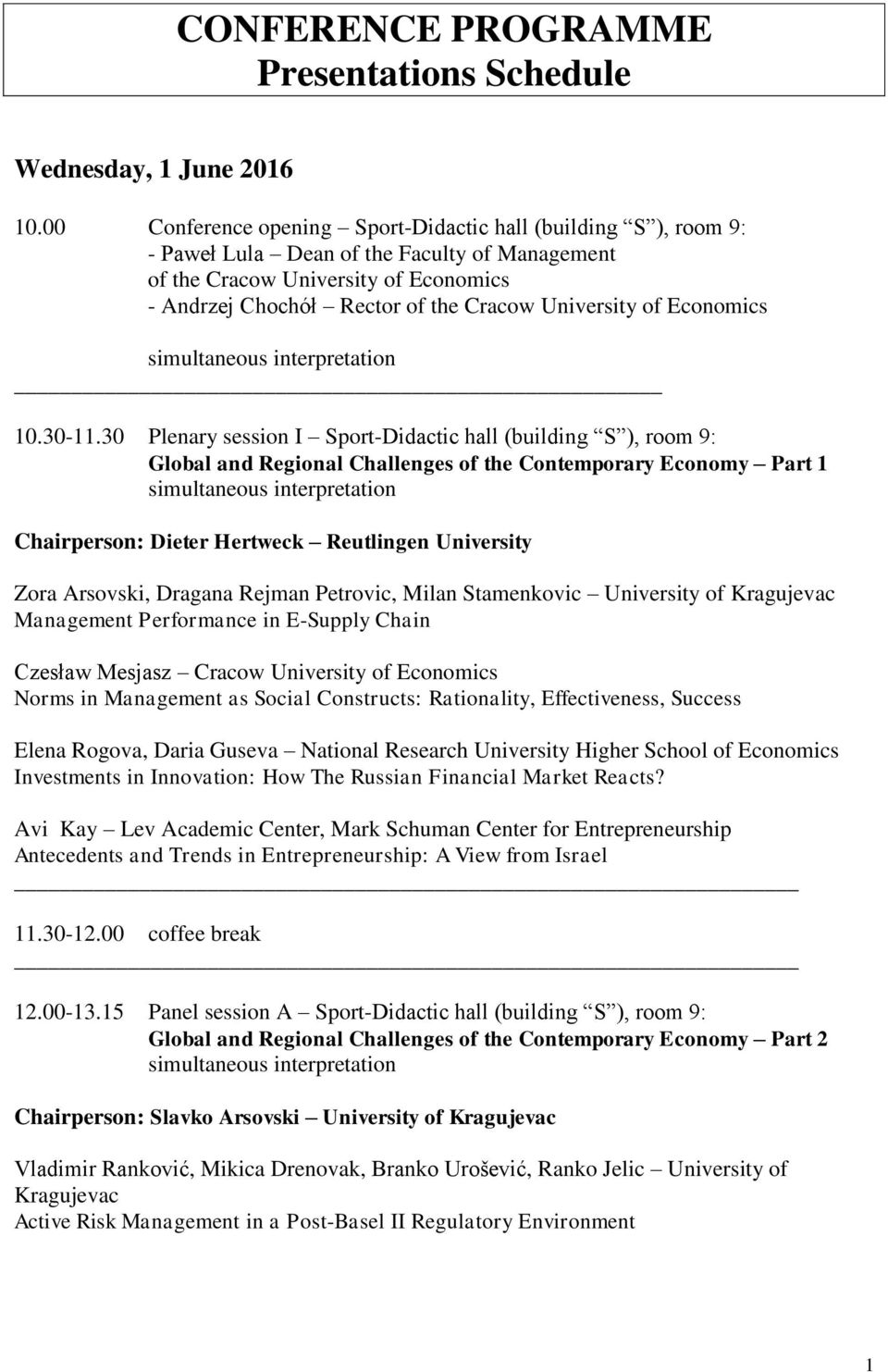 of Economics simultaneous interpretation 10.30-11.