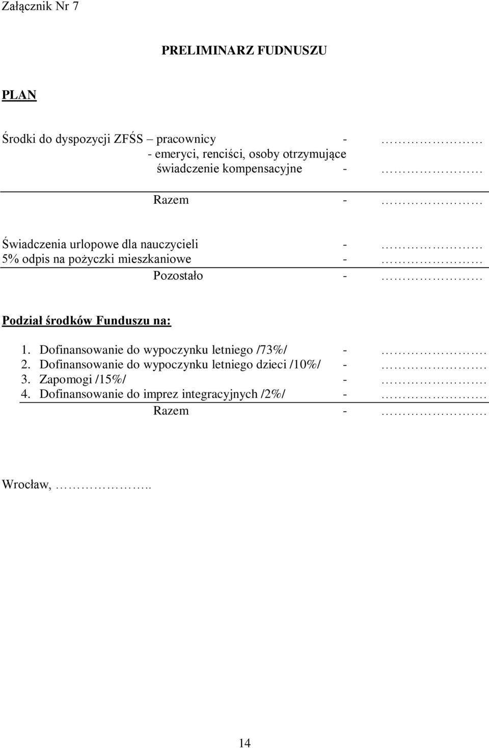 mieszkaniowe - Pozostało - Podział środków Funduszu na: 1. Dofinansowanie do wypoczynku letniego /73%/ -. 2.