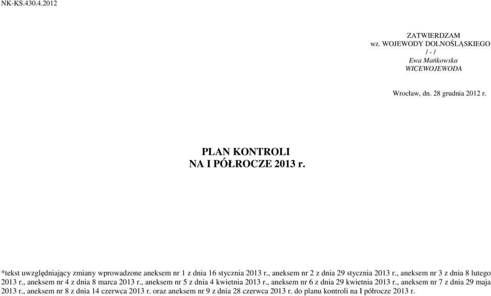 , aneksem nr 2 z dnia 29 stycznia 2013 r., aneksem nr 3 z dnia 8 lutego 2013 r., aneksem nr 4 z dnia 8 marca 2013 r.