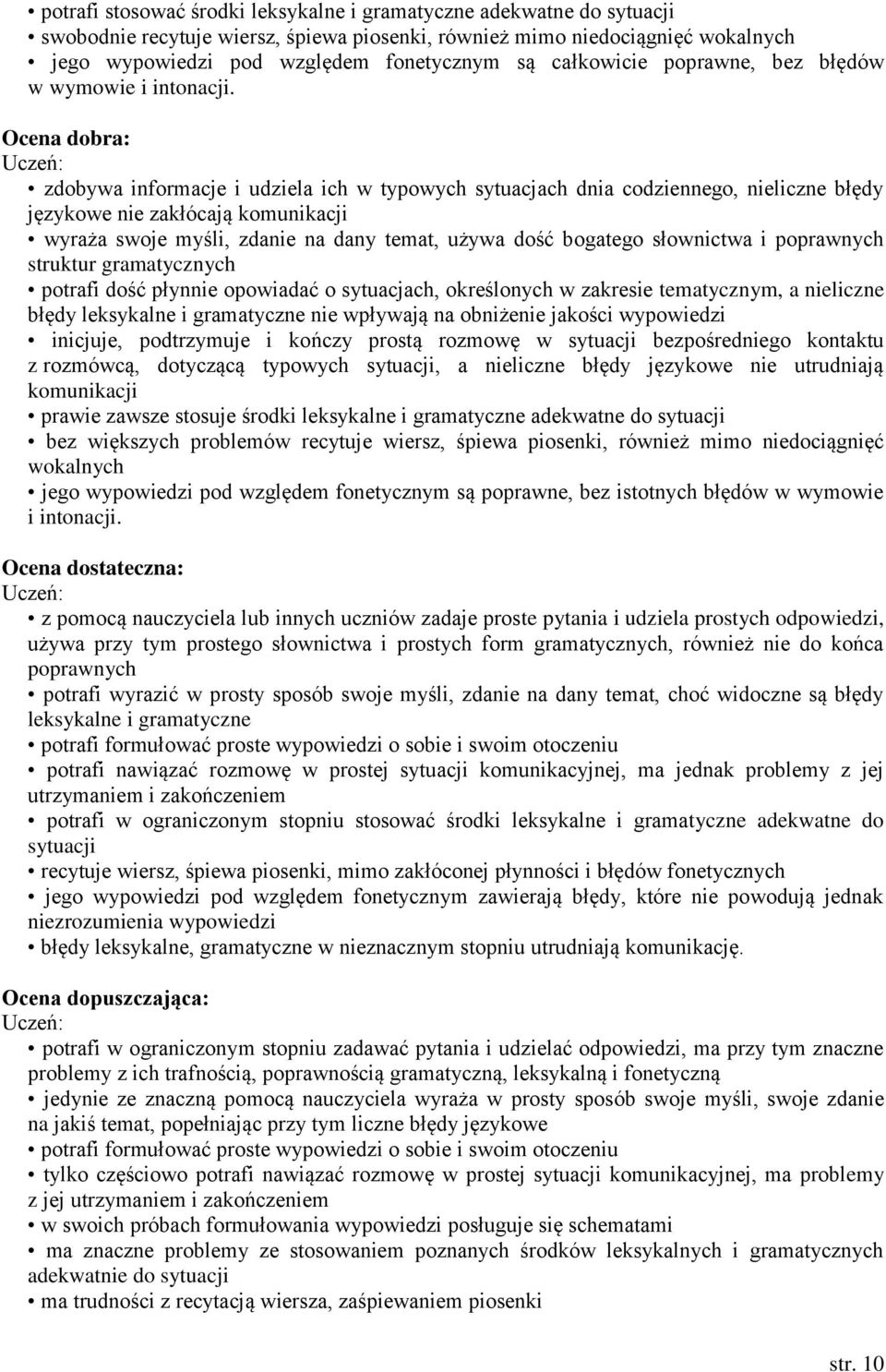 Ocena dobra: zdobywa informacje i udziela ich w typowych sytuacjach dnia codziennego, nieliczne błędy językowe nie zakłócają komunikacji wyraża swoje myśli, zdanie na dany temat, używa dość bogatego
