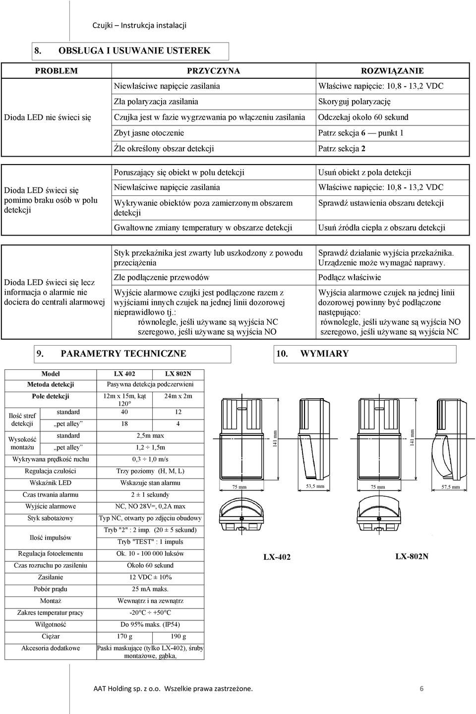 detekcji Poruszający się obiekt w polu detekcji Niewłaściwe napięcie zasilania Wykrywanie obiektów poza zaierzony obszare detekcji Gwałtowne ziany teperatury w obszarze detekcji Usuń obiekt z pola