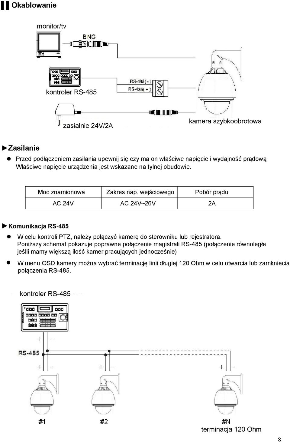 wejściowego Pobór prądu AC 24V AC 24V~26V 2A Komunikacja RS-485 W celu kontroli PTZ, należy połączyć kamerę do sterowniku lub rejestratora.