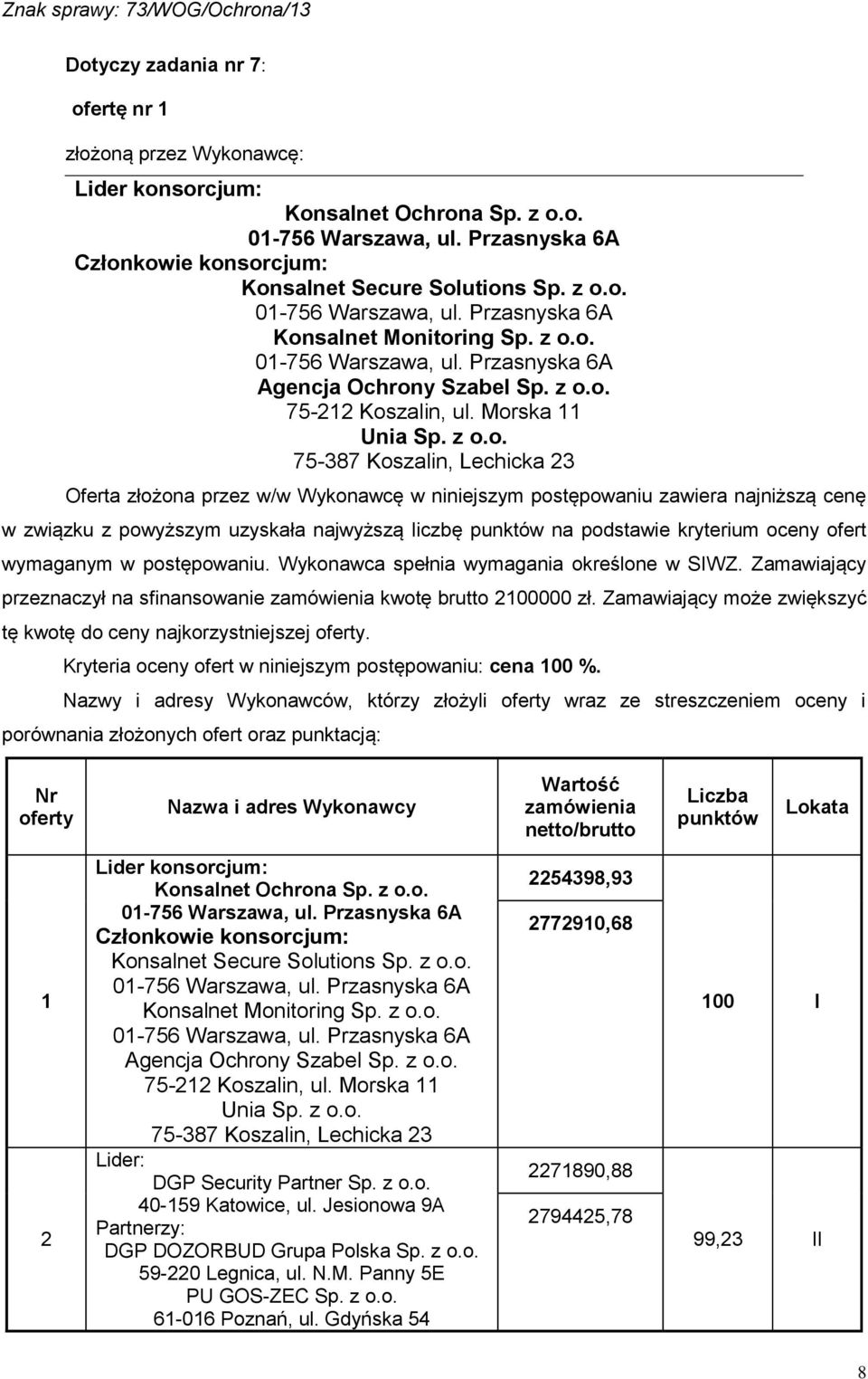 Kryteria oceny ofert w niniejszym postępowaniu: cena 00 %. Nazwy i adresy Wykonawców, którzy złożyli wraz ze streszczeniem oceny i 2 Lider: DGP Security Partner Sp. z o.o. 40-59 Katowice, ul.