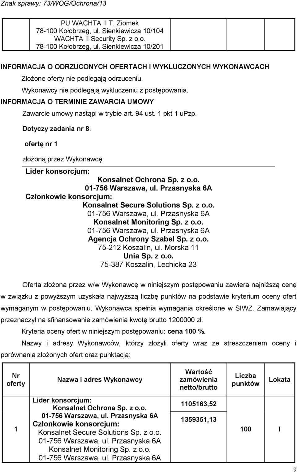 Dotyczy zadania nr 8: ofertę nr Oferta złożona przez w/w Wykonawcę w niniejszym postępowaniu zawiera najniższą cenę w związku z powyższym uzyskała najwyższą liczbę na