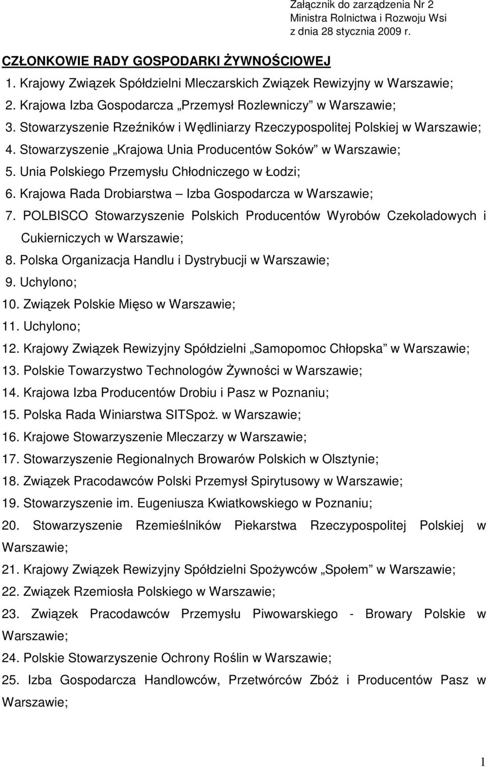 Unia Polskiego Przemysłu Chłodniczego w Łodzi; 6. Krajowa Rada Drobiarstwa Izba Gospodarcza w 7. POLBISCO Stowarzyszenie Polskich Producentów Wyrobów Czekoladowych i Cukierniczych w 8.
