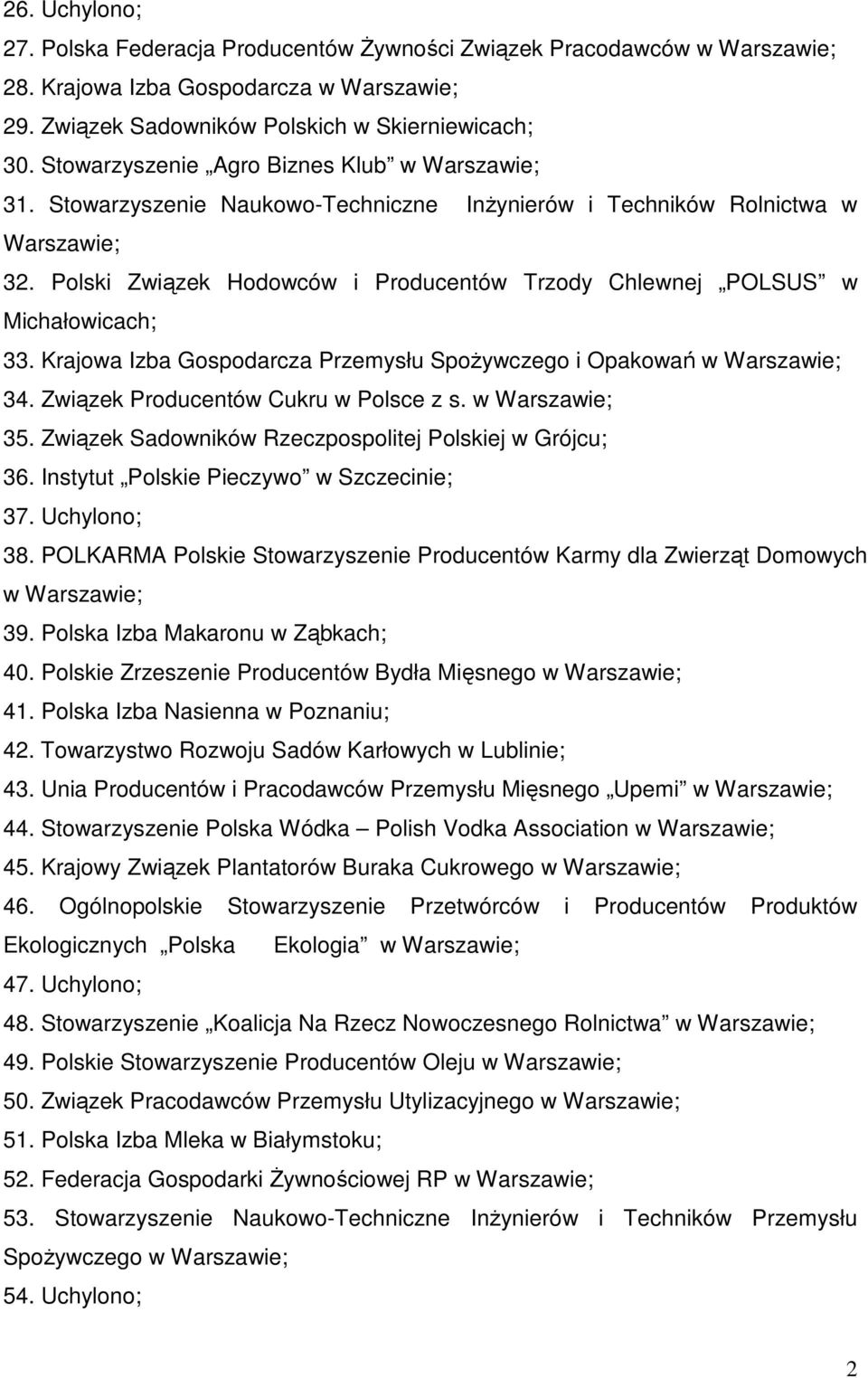 Krajowa Izba Gospodarcza Przemysłu Spożywczego i Opakowań w 34. Związek Producentów Cukru w Polsce z s. w 35. Związek Sadowników Rzeczpospolitej Polskiej w Grójcu; 36.