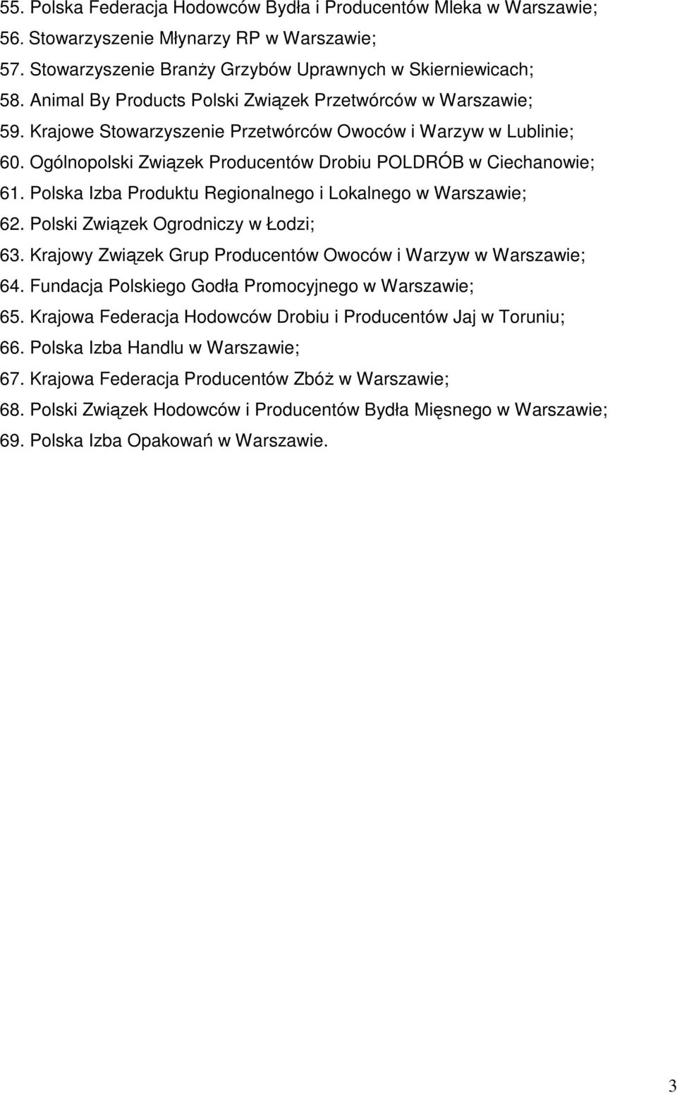 Polska Izba Produktu Regionalnego i Lokalnego w 62. Polski Związek Ogrodniczy w Łodzi; 63. Krajowy Związek Grup Producentów Owoców i Warzyw w 64. Fundacja Polskiego Godła Promocyjnego w 65.