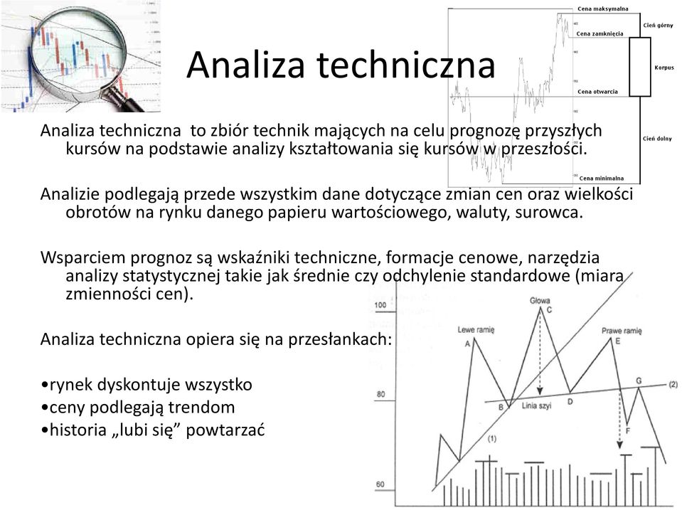 Analizie podlegają przede wszystkim dane dotyczące zmian cen oraz wielkości obrotów na rynku danego papieru wartościowego, waluty, surowca.