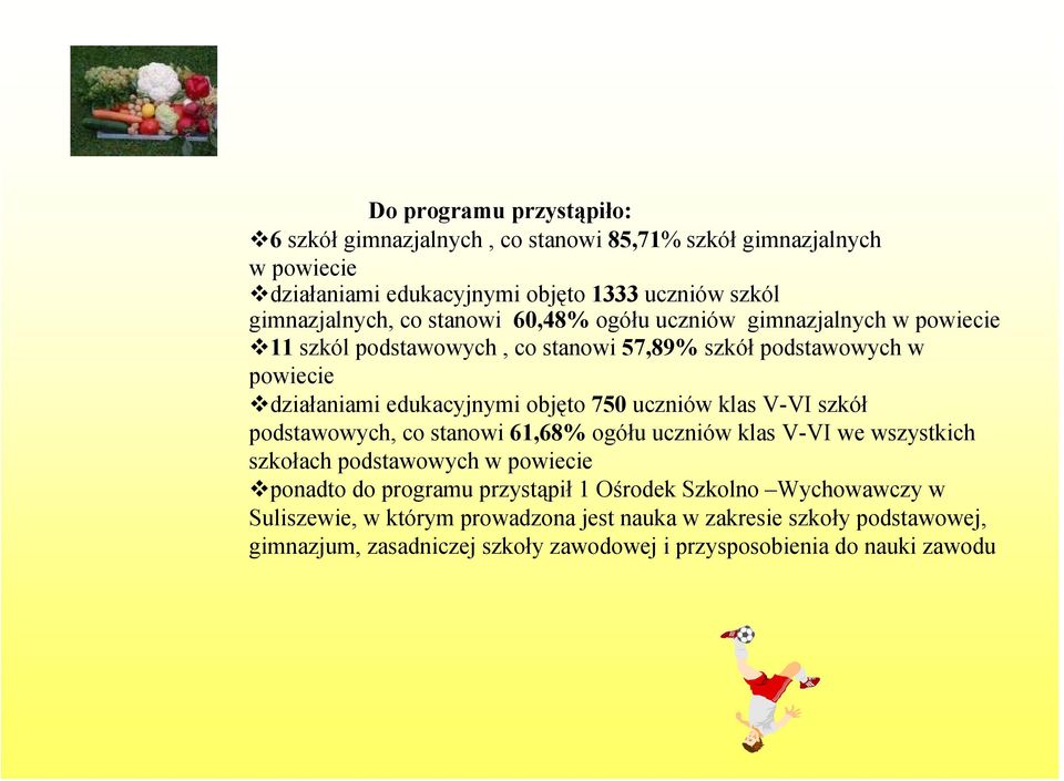 uczniów klas V-VI szkół podstawowych, co stanowi 61,68% ogółu uczniów klas V-VI we wszystkich szkołach podstawowych w powiecie ponadto do programu przystąpił 1