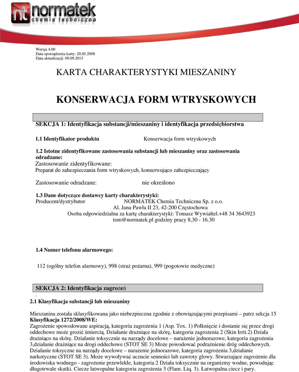1 Identyfikator produktu Konserwacja form wtryskowych 1.