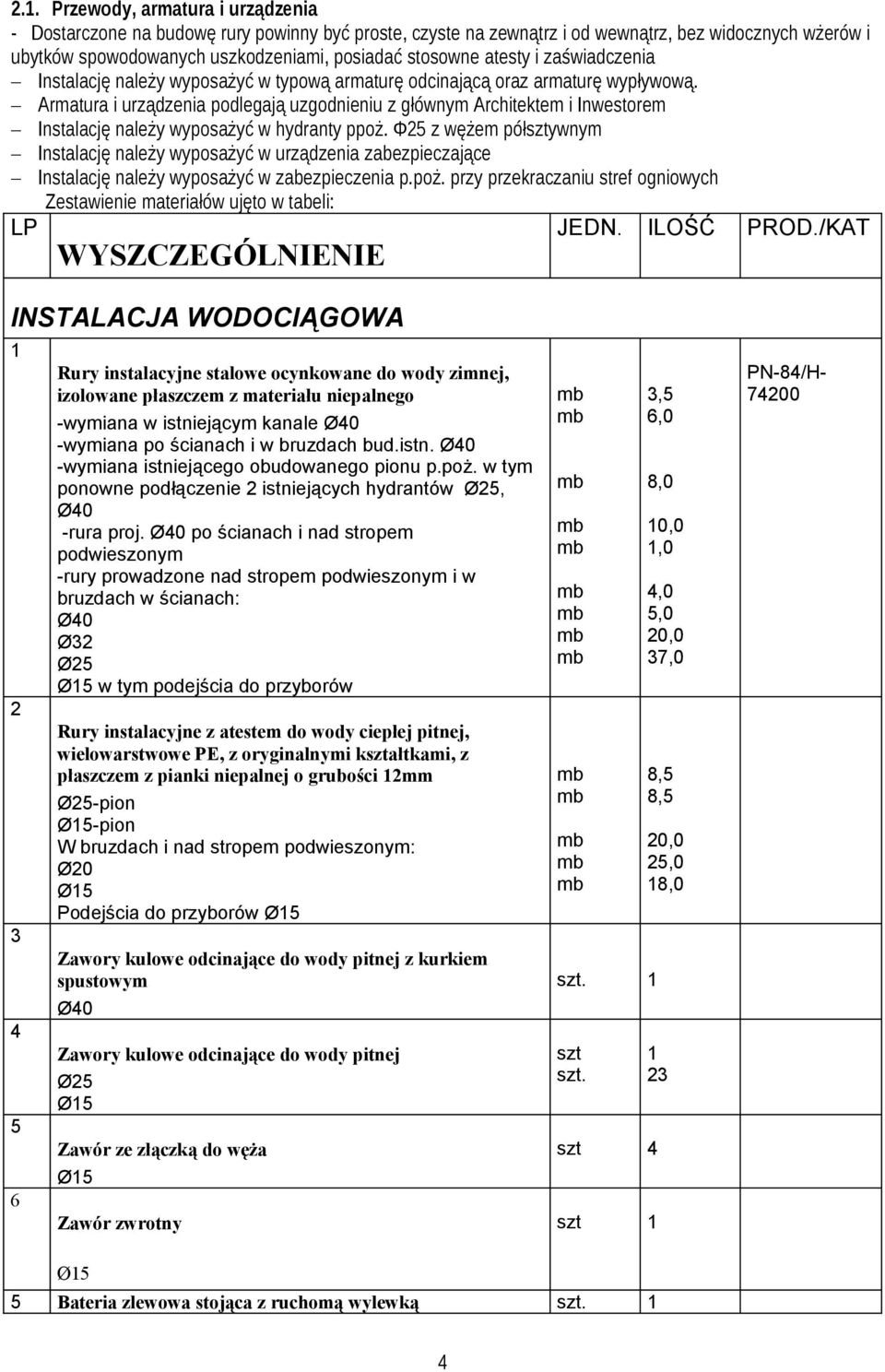 Armatura i urządzenia podlegają uzgodnieniu z głównym Architektem i Inwestorem Instalację należy wyposażyć w hydranty ppoż.