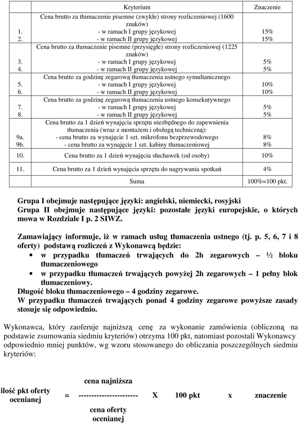 (przysięgłe) strony rozliczeniowej (1225 znaków) - w ramach I grupy językowej - w ramach II grupy językowej Cena brutto za godzinę zegarową tłumaczenia ustnego symultanicznego - w ramach I grupy