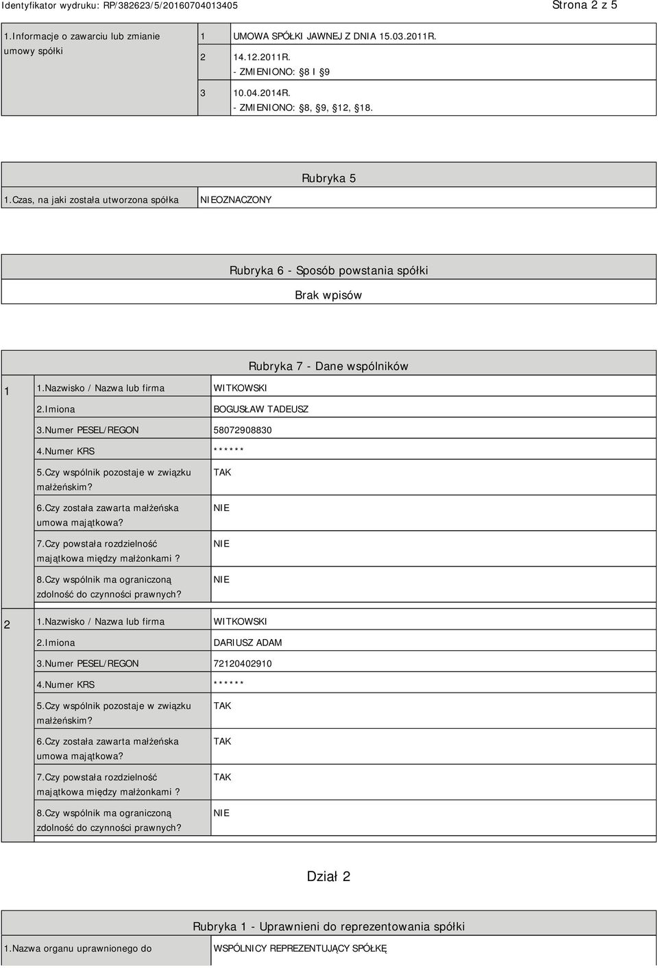 Numer PESEL/REGON 58072908830 4.Numer KRS ****** 5.Czy wspólnik pozostaje w związku małżeńskim? 6.Czy została zawarta małżeńska umowa majątkowa? 7.