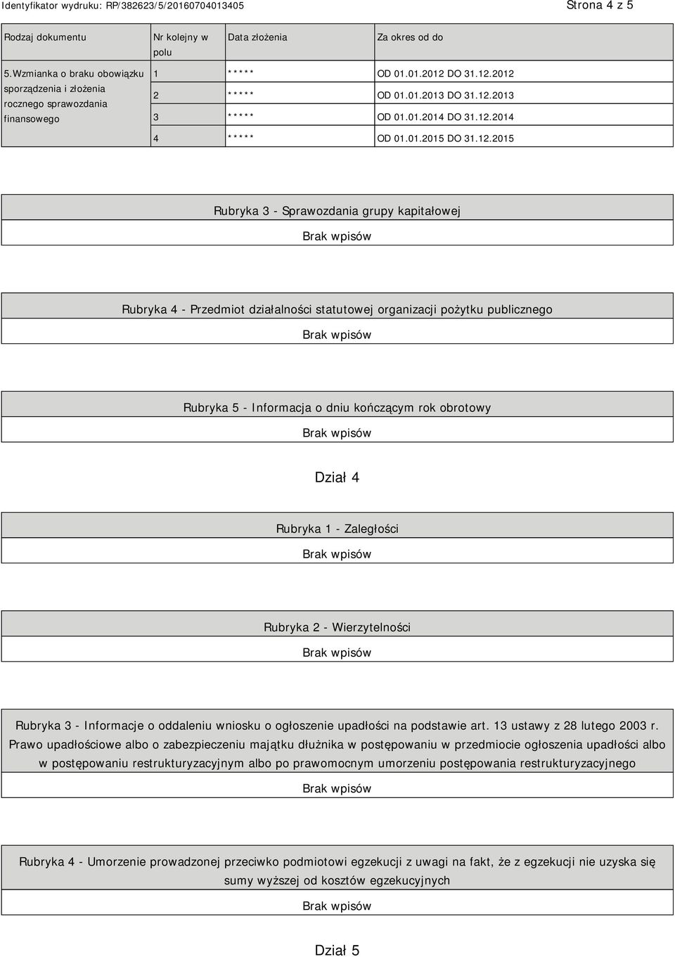 2012 2 ***** OD 01.01.2013 2013 3 ***** OD 01.01.2014 2014 4 ***** OD 01.01.2015 2015 Rubryka 3 - Sprawozdania grupy kapitałowej Rubryka 4 - Przedmiot działalności statutowej organizacji pożytku