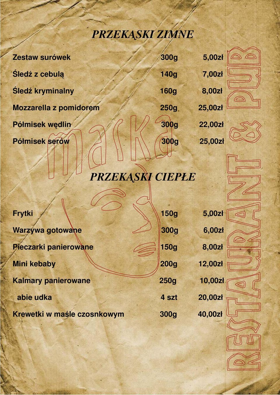 CIEPŁE Frytki 150g 5,00zł Warzywa gotowane 300g 6,00zł Pieczarki panierowane 150g 8,00zł Mini kebaby