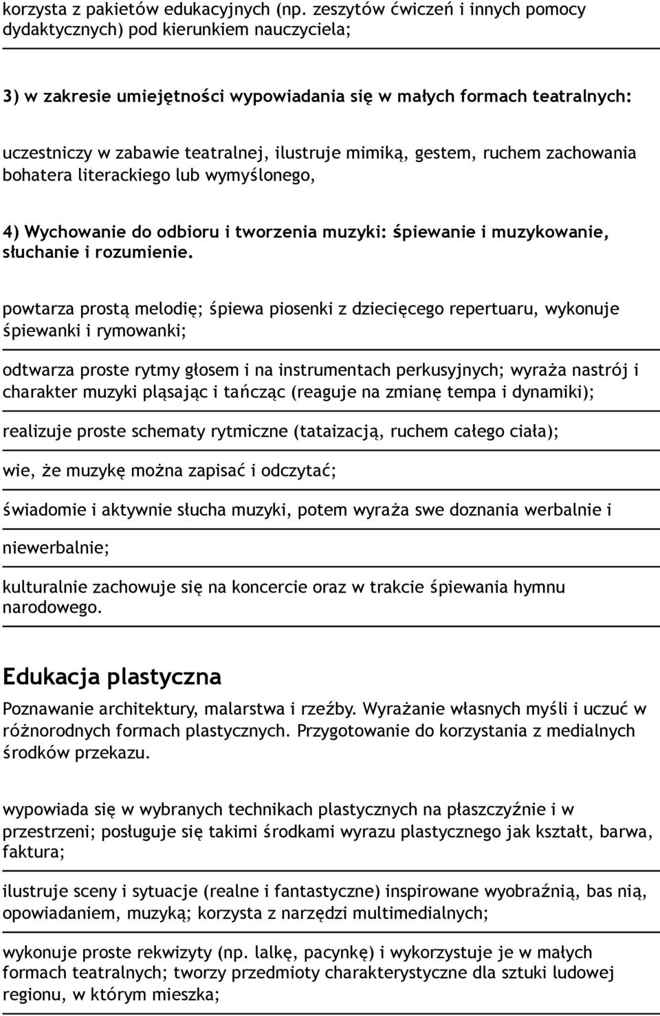 mimiką, gestem, ruchem zachowania bohatera literackiego lub wymyślonego, 4) Wychowanie do odbioru i tworzenia muzyki: śpiewanie i muzykowanie, słuchanie i rozumienie.