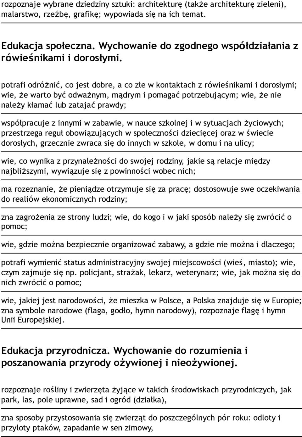 potrafi odróżnić, co jest dobre, a co złe w kontaktach z rówieśnikami i dorosłymi; wie, że warto być odważnym, mądrym i pomagać potrzebującym; wie, że nie należy kłamać lub zatajać prawdy;