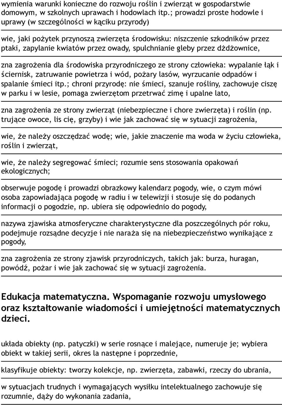 gleby przez dżdżownice, zna zagrożenia dla środowiska przyrodniczego ze strony człowieka: wypalanie łąk i ściernisk, zatruwanie powietrza i wód, pożary lasów, wyrzucanie odpadów i spalanie śmieci itp.