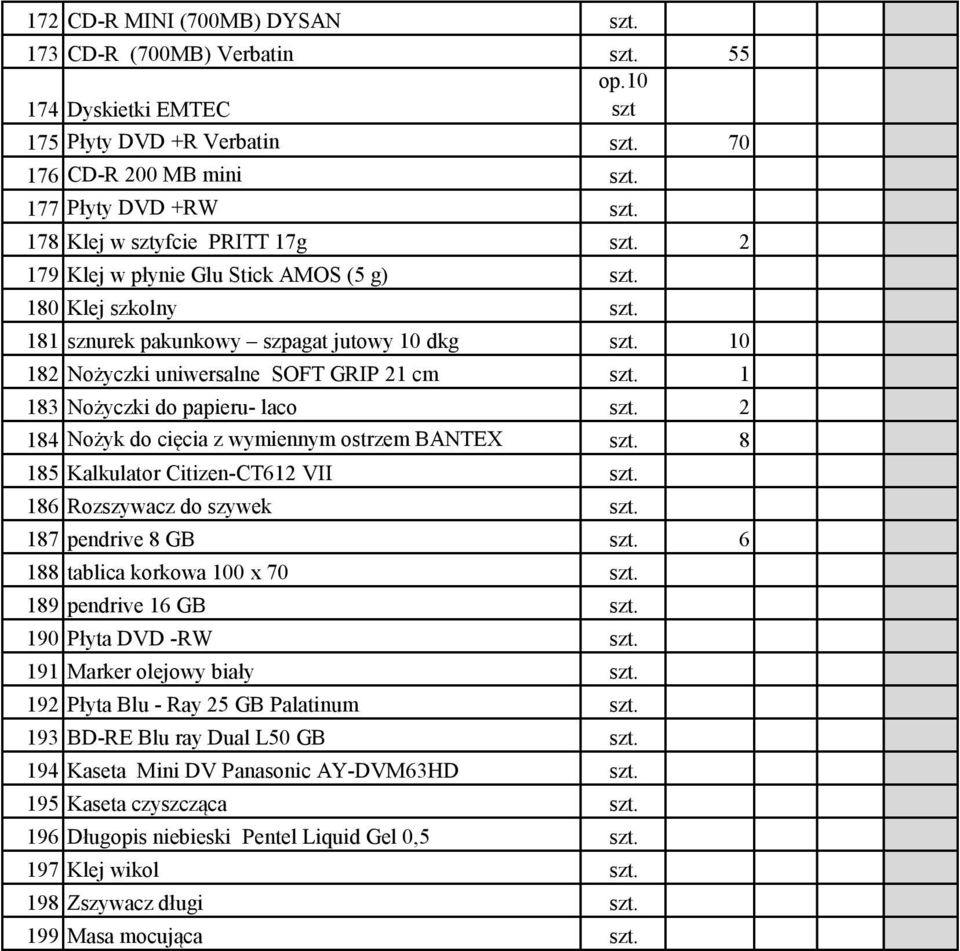 2 184 Nożyk do cięcia z wymiennym ostrzem BANTEX s. 8 185 Kalkulator Citizen-CT612 VII s. 186 Rozszywacz do szywek s. 187 pendrive 8 GB s. 6 188 tablica korkowa 100 x 70 s. 189 pendrive 16 GB s.