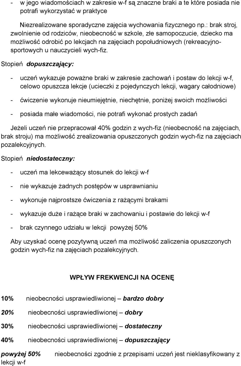 Stopień dopuszczający: - uczeń wykazuje poważne braki w zakresie zachowań i postaw do lekcji w-f, celowo opuszcza lekcje (ucieczki z pojedynczych lekcji, wagary całodniowe) - ćwiczenie wykonuje