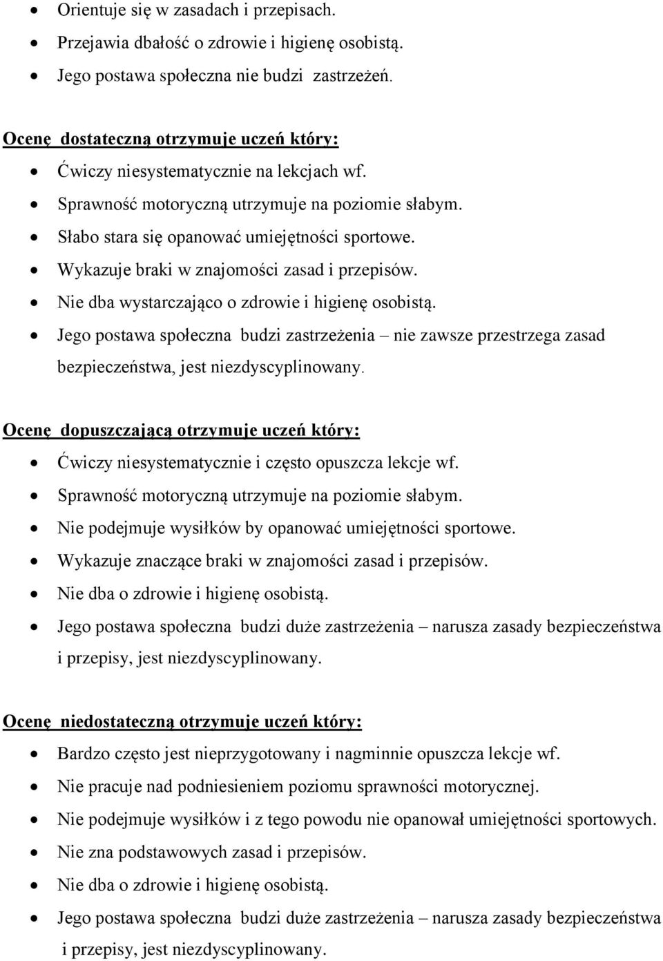 Wykazuje braki w znajomości zasad i przepisów. Nie dba wystarczająco o zdrowie i higienę osobistą.