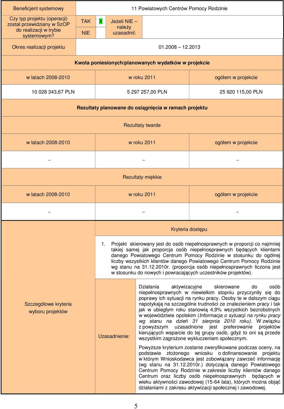 2013 Kwota poniesionych/planowanych wydatków w projekcie w latach 2008-2010 w roku 2011 ogółem w projekcie 10 028 343,67 PLN 5 297 257,00 PLN 25 920 115,00 PLN Rezultaty planowane do osiągnięcia w