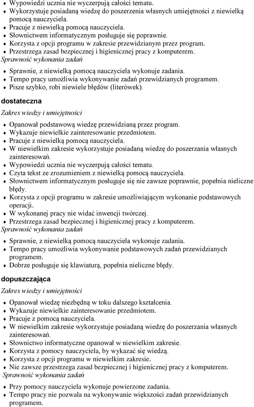 Sprawnie, z niewielką pomocą nauczyciela wykonuje zadania. Tempo pracy umożliwia wykonywanie zadań przewidzianych programem. Pisze szybko, robi niewiele błędów (literówek).