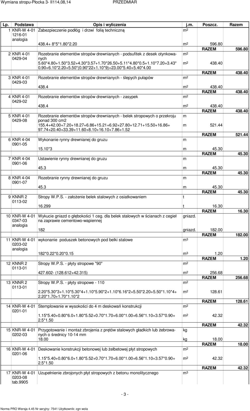 90*22+1.10*9)+23.00*5.40+5.40*4.00 RAZEM 438.40 3 KNR 4-01 Rozebranie eleentów stropów drewnianych - ślepych pułapów 0429-03 438.4 438.40 RAZEM 438.