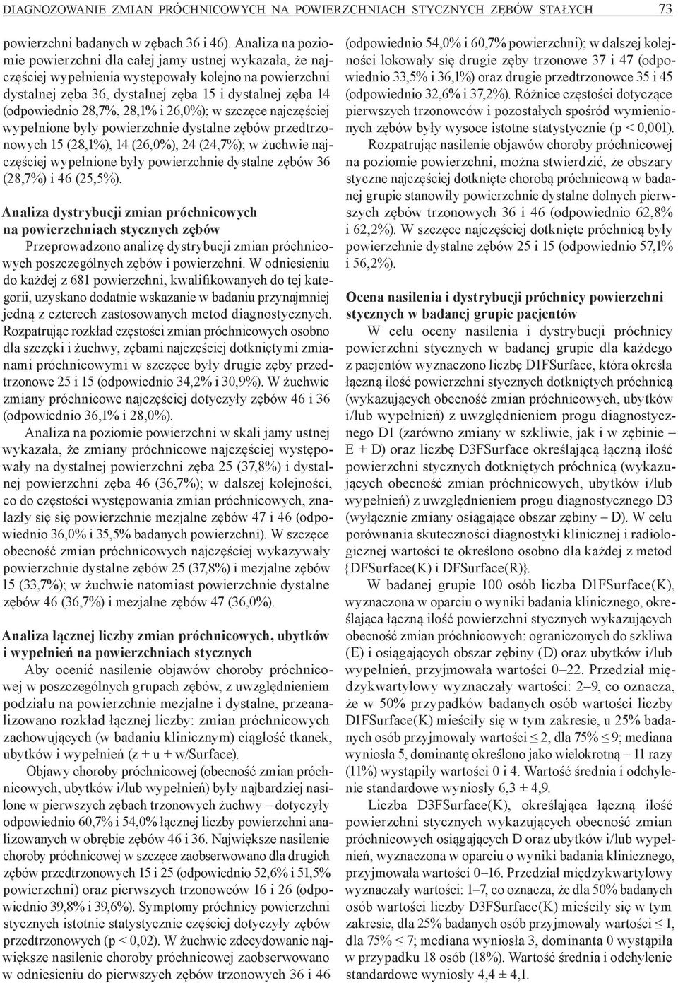 28,7%, 28,1% i 26,0%); w szczęce najczęściej wypełnione były powierzchnie dystalne zębów przedtrzonowych 15 (28,1%), 14 (26,0%), 24 (24,7%); w żuchwie najczęściej wypełnione były powierzchnie