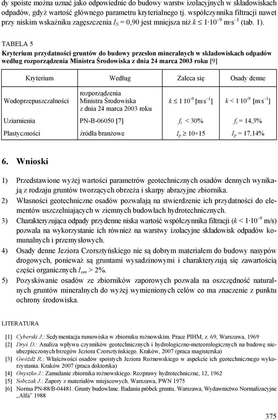 TABELA 5 Kryterium przydatności gruntów do budowy przesłon mineralnych w składowiskach odpadów według rozporządzenia Ministra Środowiska z dnia 24 marca 2003 roku [9] Kryterium Według Zaleca się