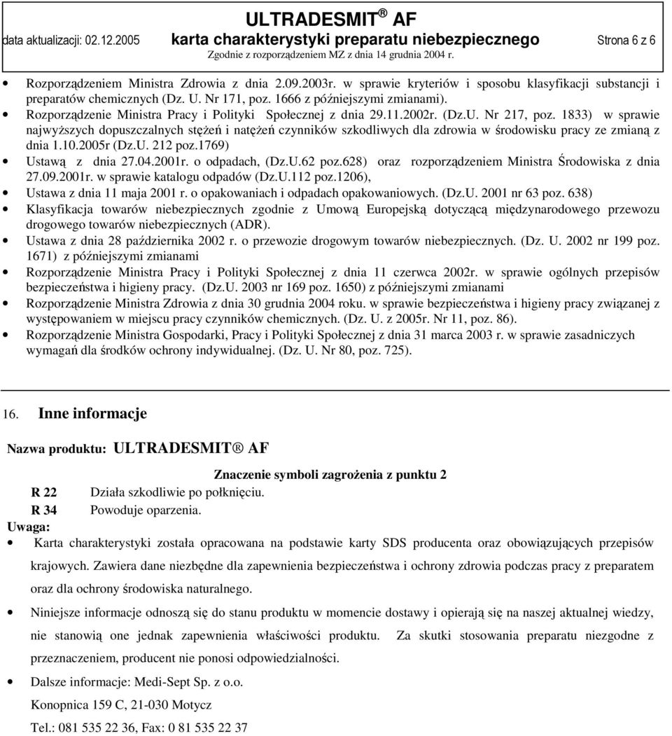 2002r. (Dz.U. Nr 217, poz. 1833) w sprawie najwyższych dopuszczalnych stężeń i natężeń czynników szkodliwych dla zdrowia w środowisku pracy ze zmianą z dnia 1.10.2005r (Dz.U. 212 poz.