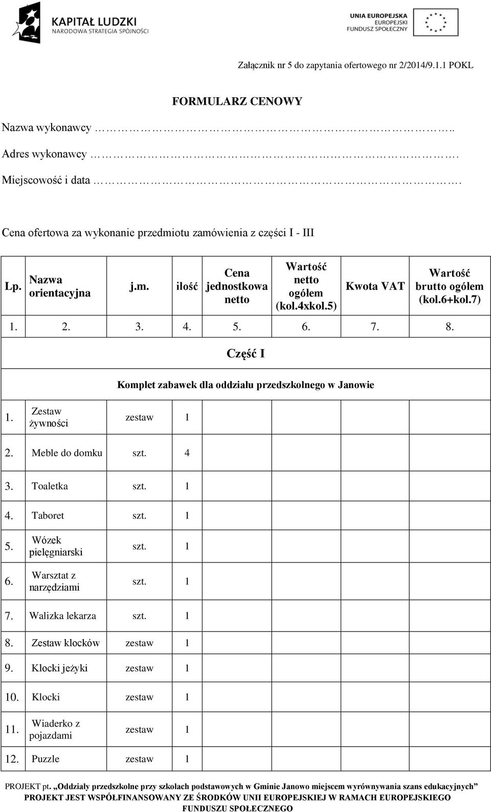 5) Kwota VAT brutto ogółem (kol.6+kol.7) 1. 2. 3. 4. 5. 6. 7. 8. Część I Komplet zabawek dla oddziału przedszkolnego w Janowie 1. żywności 2.