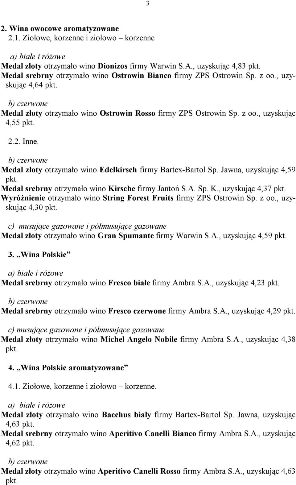 2. Inne. Medal złoty otrzymało wino Edelkirsch firmy Bartex-Bartol Sp. Jawna, uzyskując 4,59 Medal srebrny otrzymało wino Ki