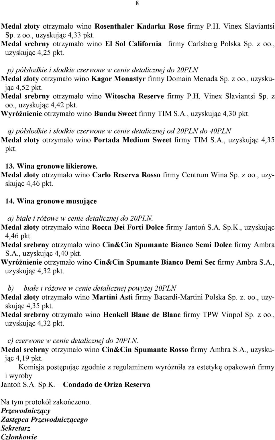 , uzyskując 4,25 p) półsłodkie i słodkie czerwone w cenie detalicznej do 20PLN Medal złoty otrzymało wino Kagor Monastyr firmy Domain Menada Sp. z oo.