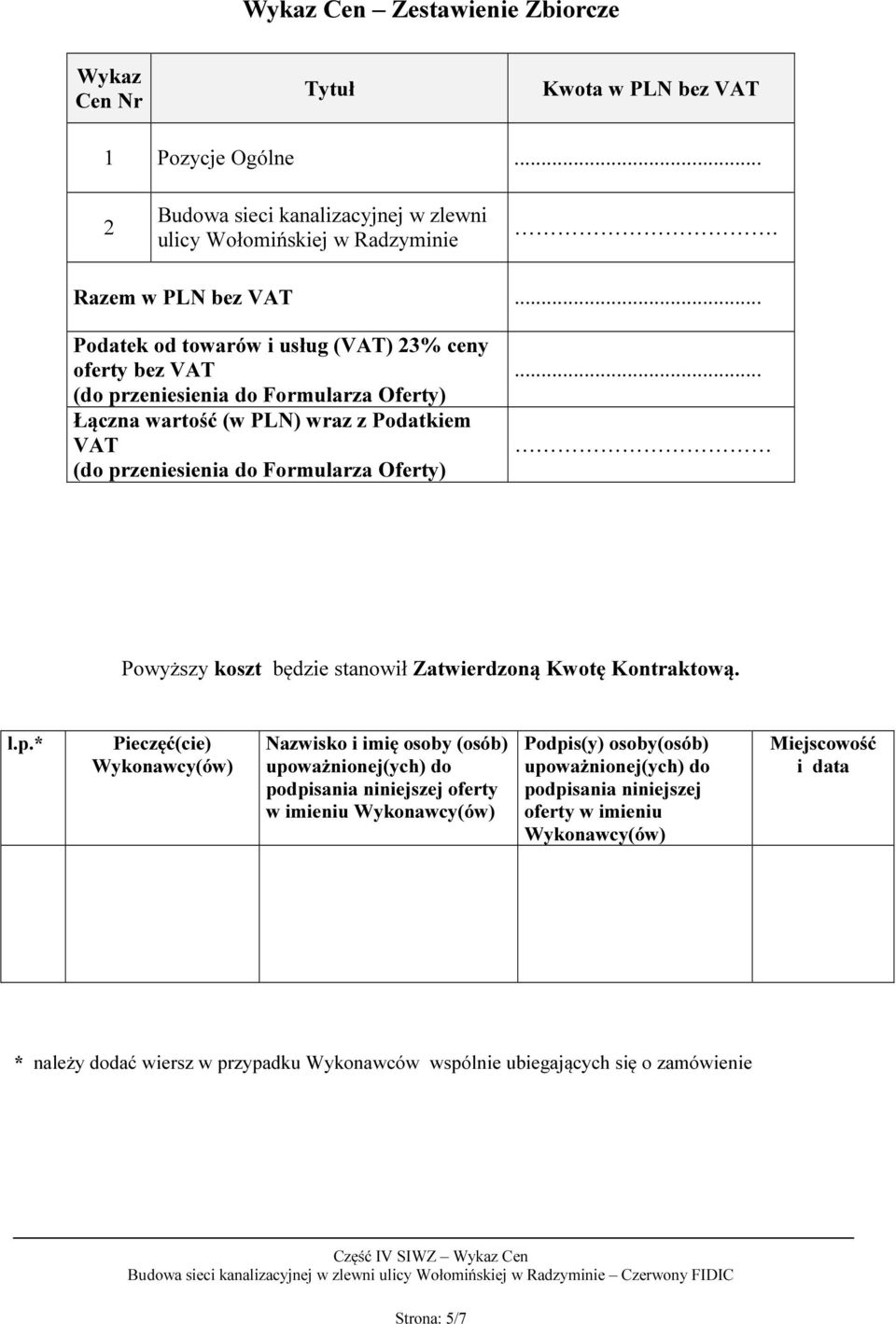 .. Powyższy koszt będzie stanowił Zatwierdzoną Kwotę Kontraktową. l.p.