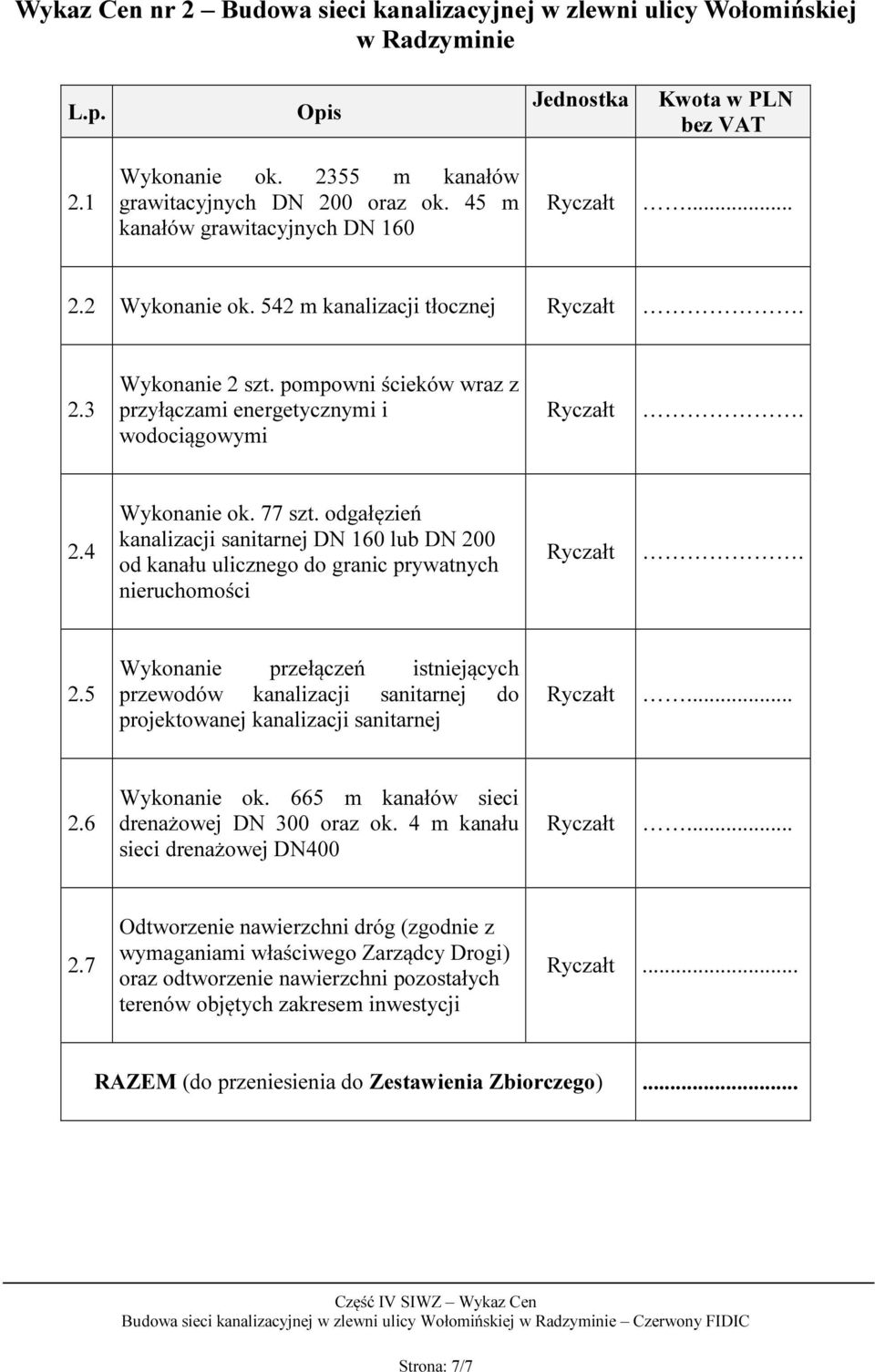 odgałęzień kanalizacji sanitarnej DN 160 lub DN 200 od kanału ulicznego do granic prywatnych nieruchomości. 2.5 Wykonanie przełączeń istniejących przewodów kanalizacji sanitarnej do projektowanej kanalizacji sanitarnej.