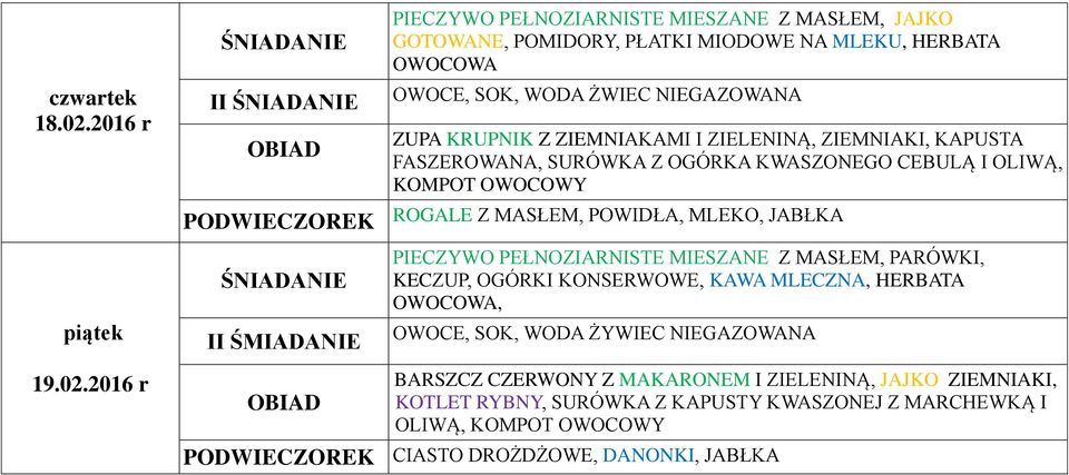 2016 r PIECZYWO PEŁNOZIARNISTE MIESZANE Z MASŁEM, JAJKO GOTOWANE, POMIDORY, PŁATKI MIODOWE NA MLEKU, HERBATA OWOCOWA OWOCE, SOK, WODA ŻWIEC NIEGAZOWANA ZUPA