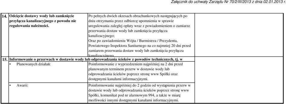 zamknięcia przyłącza kanalizacyjnego; Oraz po zawiadomieniu Wójta / Burmistrza / Prezydenta, Powiatowego Inspektora Sanitarnego na co najmniej 20 dni przed zamiarem przerwania dostaw wody lub